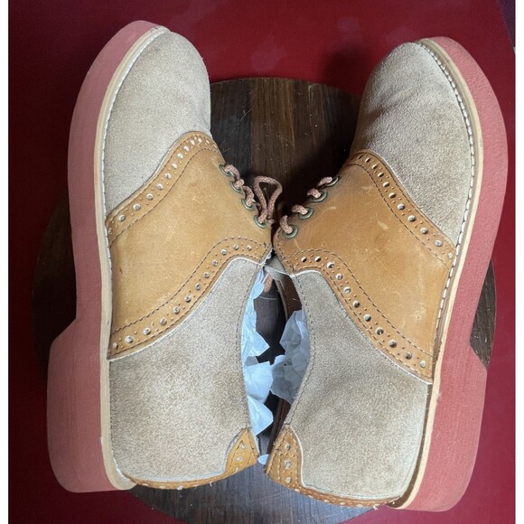 Quoddy Men’s 9 Tan Suede Saddle Shoes USA Made Handsewn Leather Sole Vintage - Picture 15 of 16